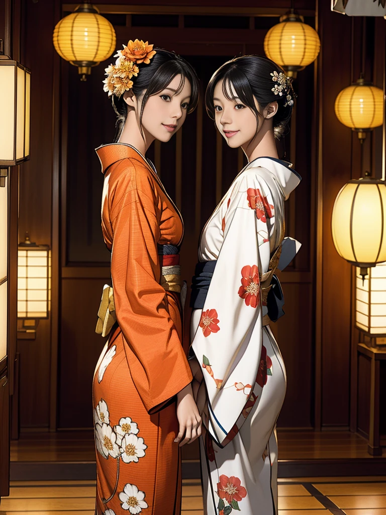 long hair, looking at viewer, smile, multiple girls, black hair, hair ornament, long sleeves, holding, 2girls, brown eyes, standing, full body, flower, outdoors, japanese clothes, looking back, hair flower, wide sleeves, kimono, from behind, sash, obi, floral print, sandals, single hair bun, lantern, geta, blue kimono, tabi, print kimono, east asian architecture, paper lantern