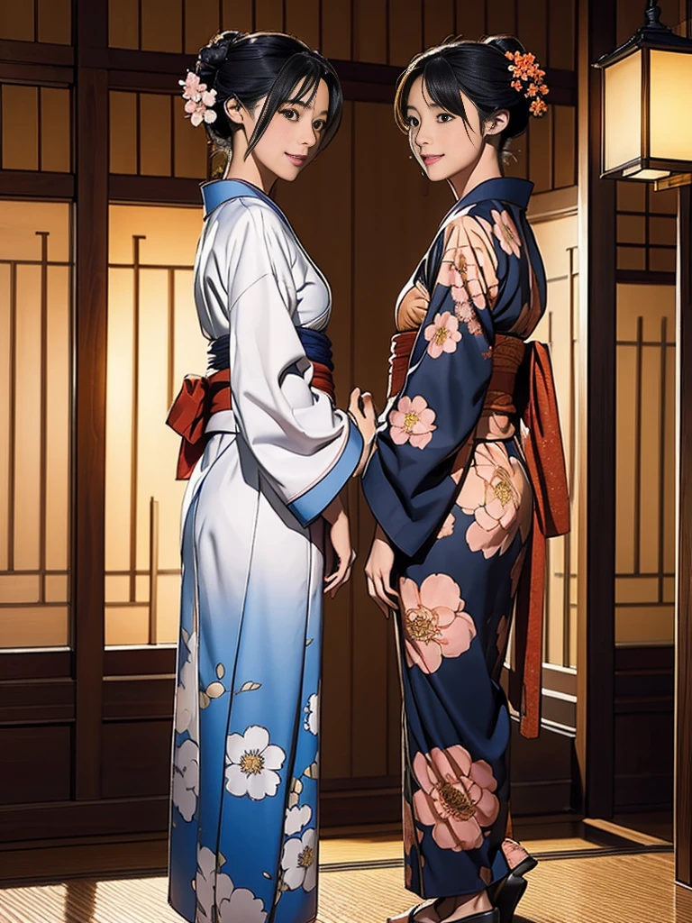 long hair, looking at viewer, smile, multiple girls, black hair, hair ornament, long sleeves, holding, 2girls, brown eyes, standing, full body, flower, outdoors, japanese clothes, looking back, hair flower, wide sleeves, kimono, from behind, sash, obi, floral print, sandals, single hair bun, lantern, geta, blue kimono, tabi, print kimono, east asian architecture, paper lantern