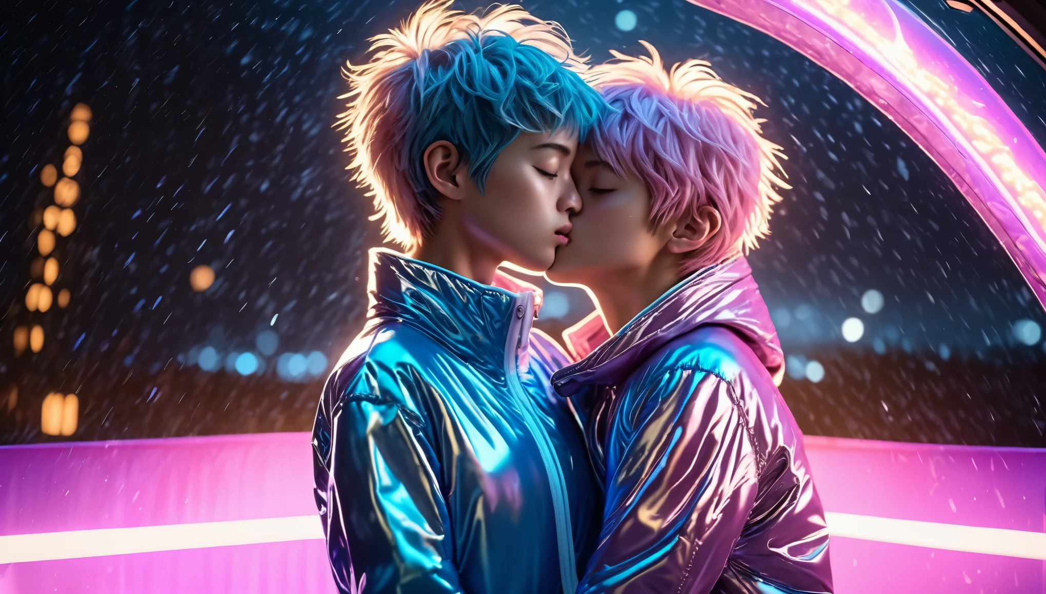 Top Quality, Masterpiece, High Resolution, 8k, ((2 cute girls kissing in a light pink blue open shiny puffer, short sleeves, wide neckline, deep neckline, small perky breasts, extremely detailed face, detailed slightly open eyes, beautiful detailed lips, short asymmetrical pixie hair, small hips)), in a spaceship, on bed, intricate details, at night, backlit, random neon color, full body shot, view from distance, random pose
