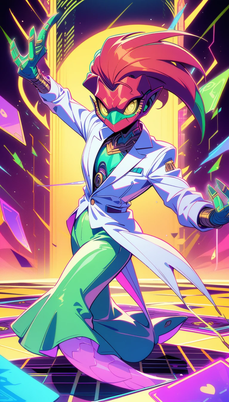 ((best quality)) , ((masterpiece)) , (detailed),Illustration of a Hearthstone card game character, a lizard in a white suit with a red mohawk dancing on a golden dance floor, with yellow lights and green decorations in the background, in the style of a cartoon.retro cyberpunk . 80's inspired, synthwave, neon, vibrant, detailed, retro futurism