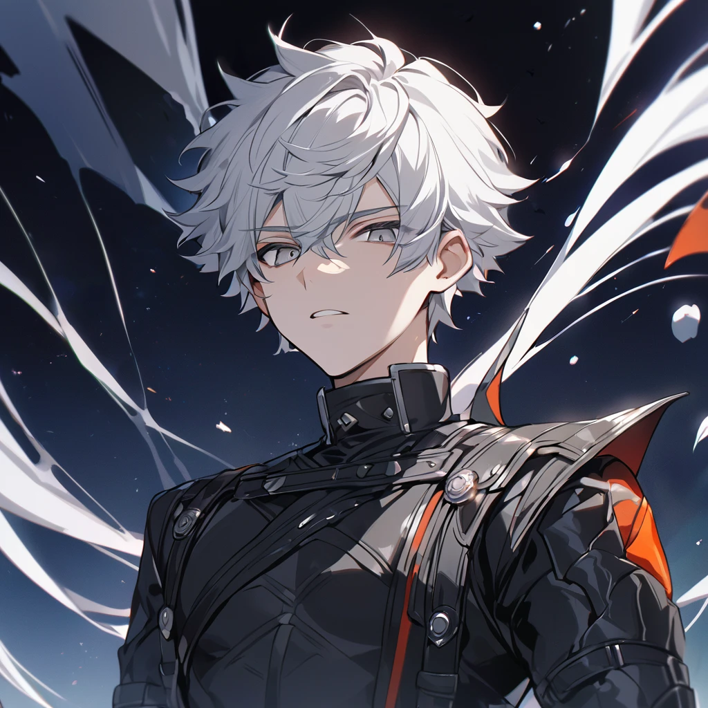 High quality, HD, 4k, no shadows, handsome male, 1male, 17 years old, teenager, short white hair, sharp eyes, grey colored eyes, deep grey eyes, grey eyes, devil may cry, close up, calm expression, stoic expression, black leather clothes, black leather clothing, lean body, well trained body, upper body, looking at viewer, cowboy shot, white solar, space background