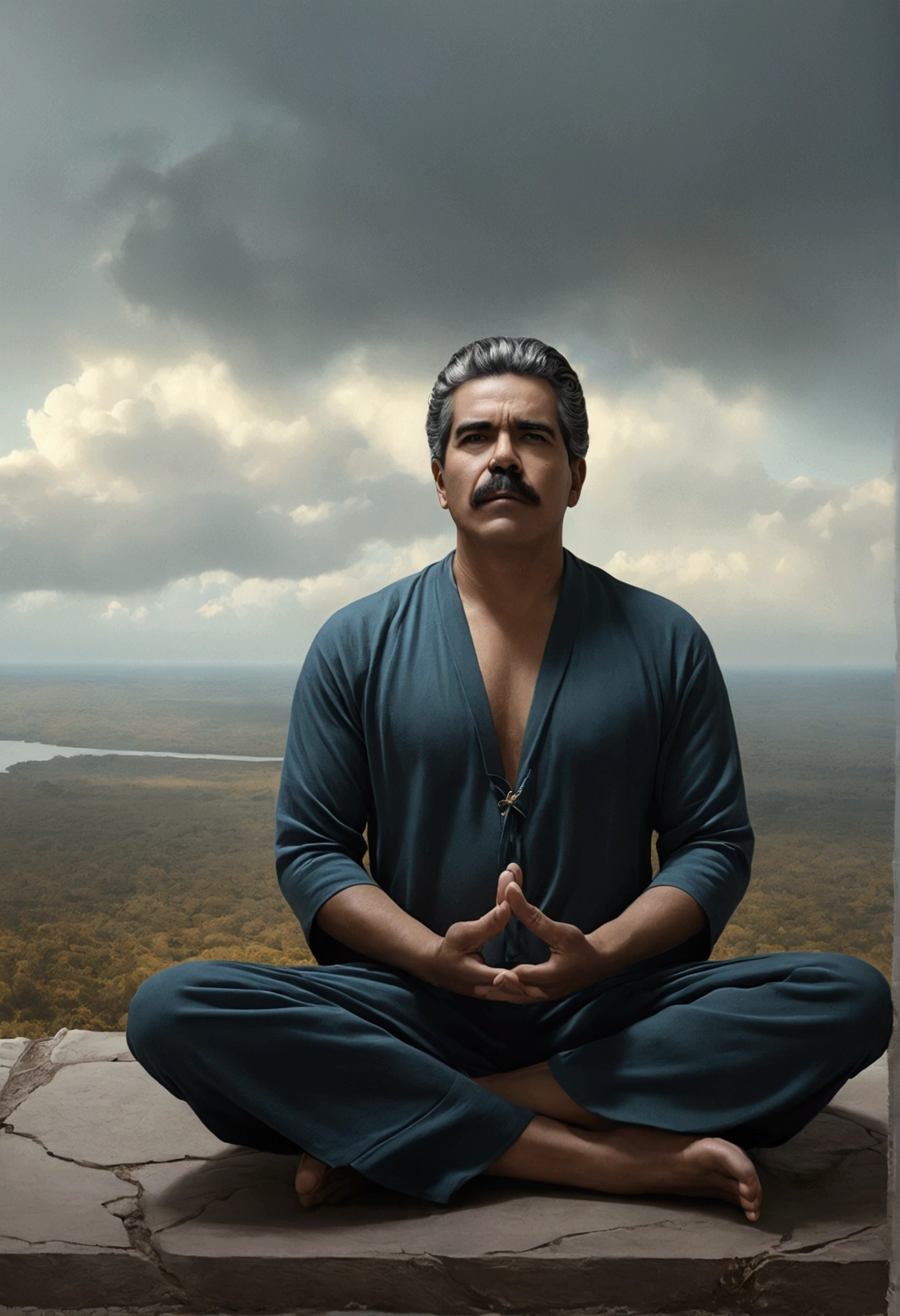 homem maduro, sitting in a meditation position, diante de um orisonte lindo, com o sol se pondo, in connection with the divine, foto de retrato, Directed by: Drew Tucker, Directed by: Adam Marczyński, Directed by: Alexander Kucharsky, Directed by: Gavin Nolan, Surrealismo 8K, Directed by: Jason Felix, Yuri Shwedoff e Tom Bagshaw, arte ilustrativa, Estilo Erik Johansson