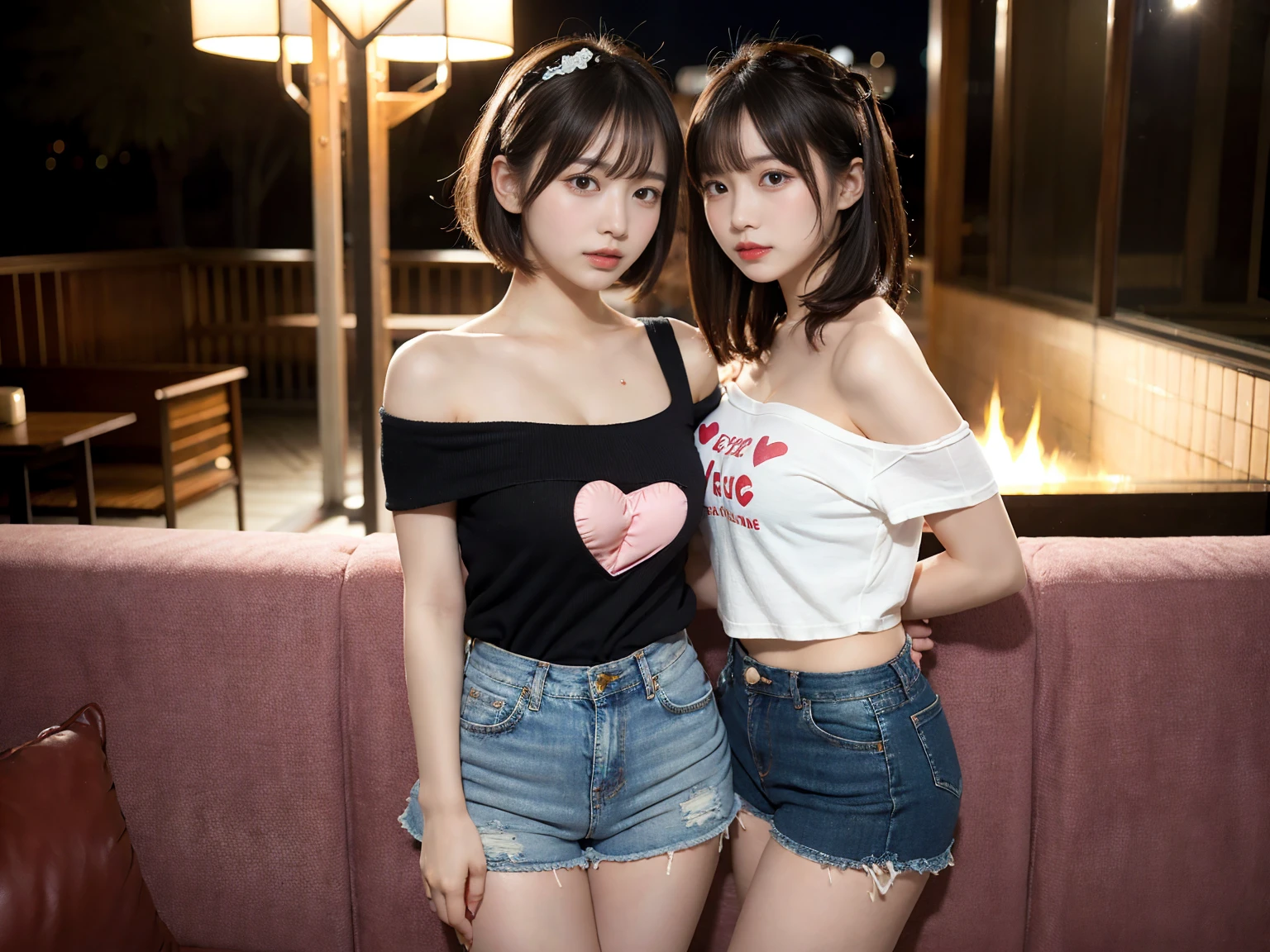 masterpiece, highest quality, figure, Super detailed, small details, High resolution, 8k,wallpaper, Perfect dynamic composition,(Detailed high quality, realistic depiction of eyes:1.3), 2 girls, Off-the-shoulder T-shirt and denim mini shorts, short bob hair, black hair color, big natural color lip, bold sexy pose, (perfect body shape), crying a little、harajuku style、20 year old girl、cute type、Lolita、beautiful feet, night club, Burning idol pose, plump thighs, after sex,(heart:1.3), Sweat