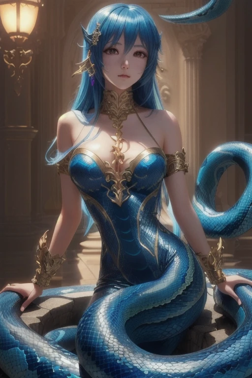 anime snake girl, lamia, extremely detailed artgerm, detailed digital anime art, trending on artstation pixiv, fine details. anime. snakegirl, many snakes as hair, 2. 5 d cgi anime fantasy artwork, scales on her chest, seductive anime snakegirl, blue scales covering her chest, fanart best artstation