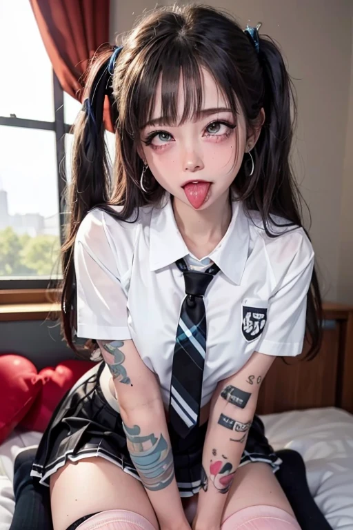 high quality, detailed,(four used condoms are scattered on the bed),very wet,she is 13 years old and junior high school girl wearing very very wet and very transparent short sleeve white shirt and a tie,plaid skirt,(wearing black overknee socks),a mole under the eye,(tounge out,tounge out tounge out),(blushing:1.4),the whole body,the whole body,she has a lot of earrings,tattoo,tattoo,detailed background,ecstasy,orgasm,tattoo,seducing,temptation,nipples,childish body,