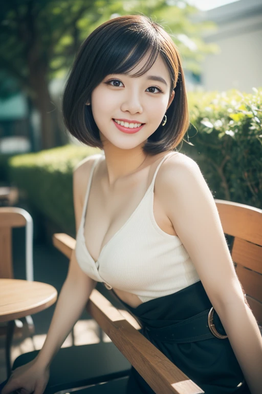 (((Top quality, 8K, Masterpiece: 1.3)), Beautiful girl, Pure, Melon face, feminine and cute, kind smile, Pure , Slender body, (Front), (Tilted head), ((Looking at camera) ), wearing a colorful suit, black silky short bob hair, long flowing shoulders, round black big eyes, clear big eyes, moist red lips, sweet, sitting on a chair, cafe terrace background ,(((waist shot))),SFW, Bokeh, Hair accessories, high_angle_shot)