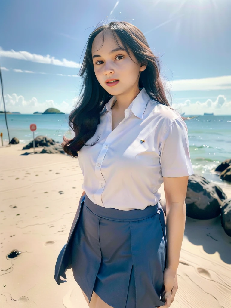 1girl, solo, (uniform), standing, at the beach, beautifully ocean scenery, detailed face, cute face, detailed eyes, thick breasts, smooth realistic skin, tight white shirt, tight blue grey miniskirt, looking at the audience, low angle shot,(8k, RAW photo, best quality, masterpiece: 1.2), (realistic, realistic: 1.37), ultra-high resolution