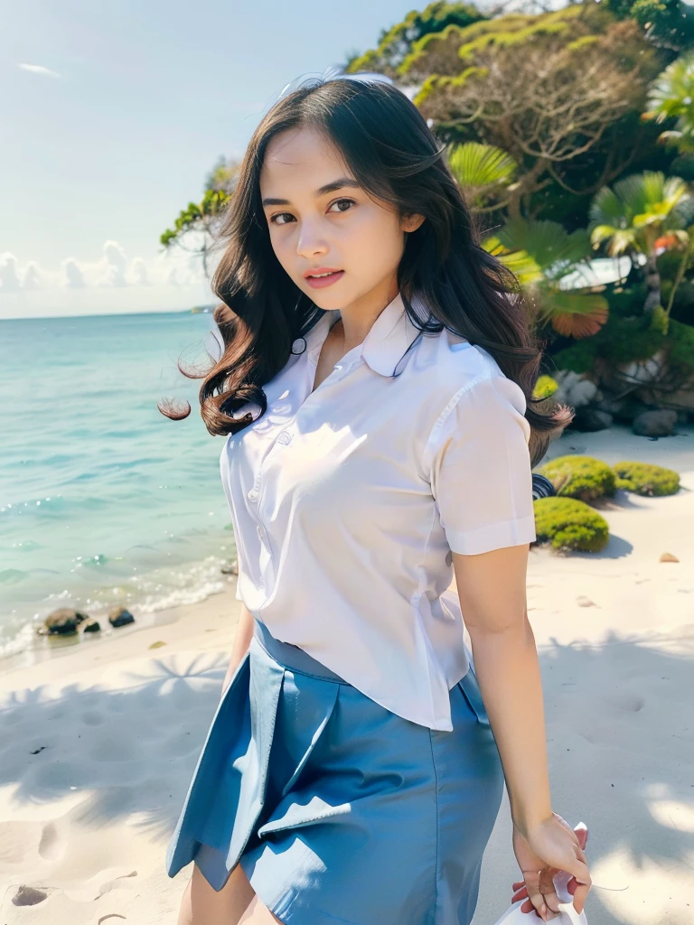 1girl, solo, (uniform), standing, at the beach,  beautifully ocean scenery, detailed face, cute face, detailed eyes, thick breasts, smooth realistic skin, tight white shirt, tight blue grey miniskirt, looking at the audience, low angle shot,(8k, RAW photo, best quality, masterpiece: 1.2), (realistic, realistic: 1.37), ultra-high resolution