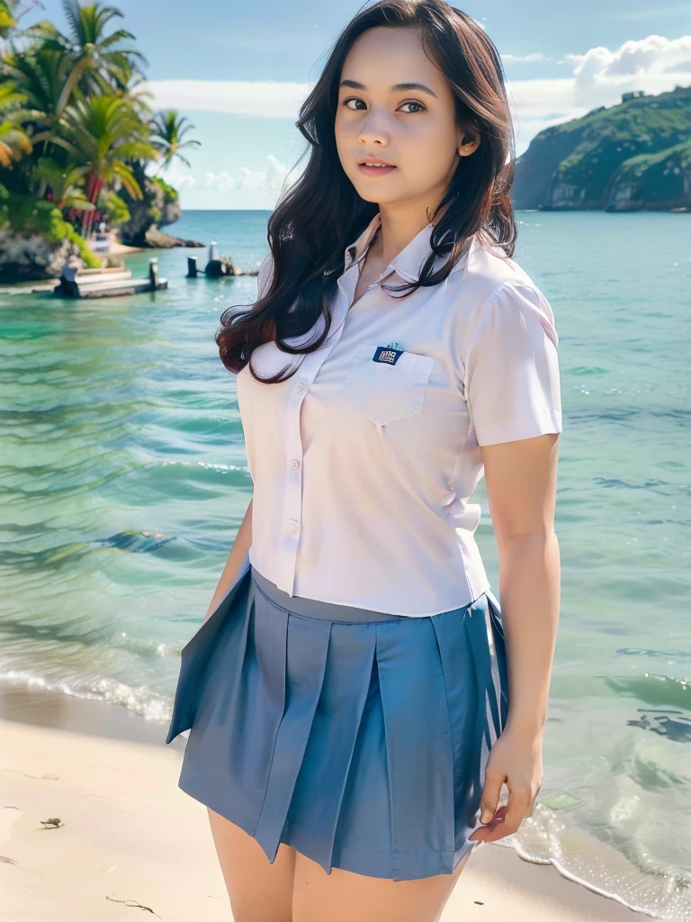 1girl, solo, (uniform), standing, at the beach, beautifully ocean scenery, detailed face, cute face, detailed eyes, thick breasts, smooth realistic skin, tight white shirt, tight blue grey miniskirt, looking at the audience, low angle shot,(8k, RAW photo, best quality, masterpiece: 1.2), (realistic, realistic: 1.37), ultra-high resolution