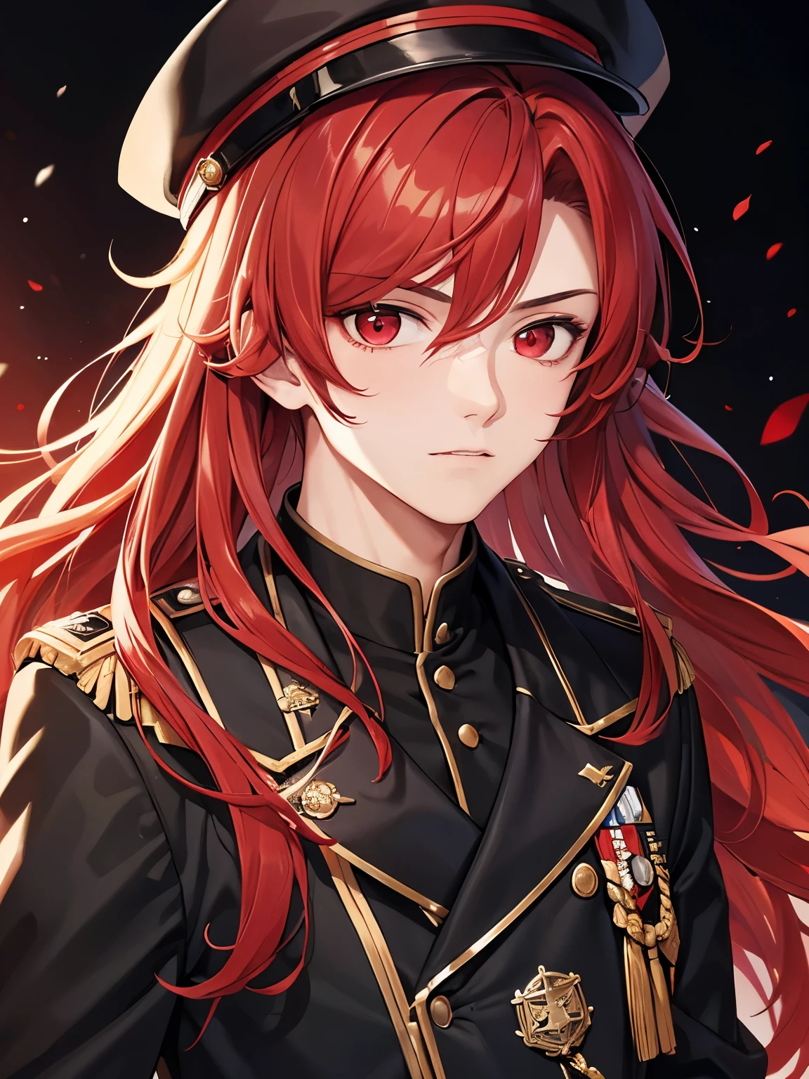 1boy,18 years old,cool,middle parted hairstyle,Curly hair, red hair, red eyes, long hair, vampire, handsome,,half hody photo, close up photo,Black army uniform, black army hat