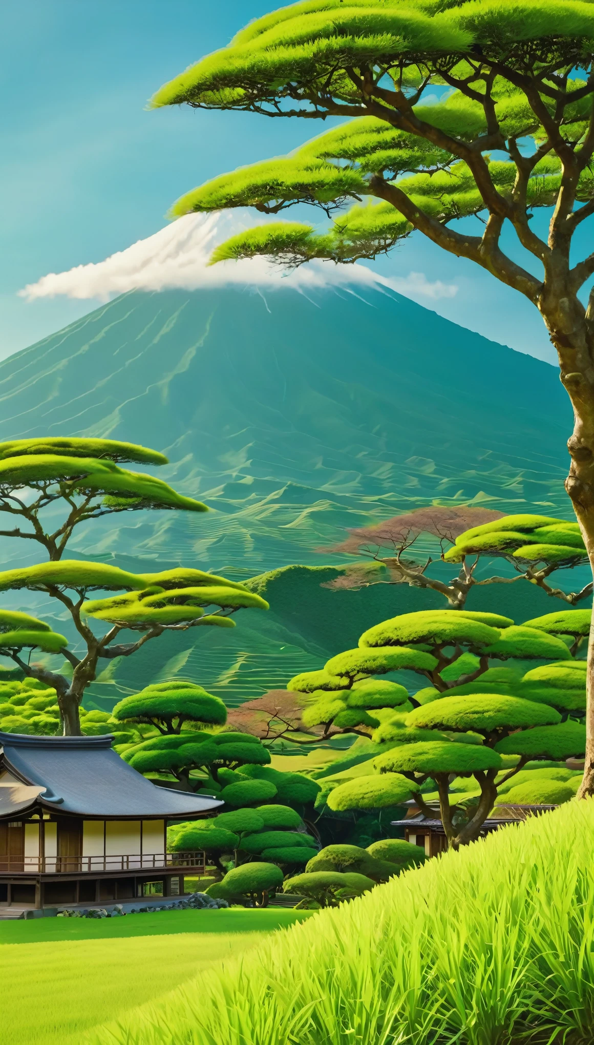 Green savana, tree in the middle, Beside the tree there is a japanese house, there are mountain, warm vibes, 4K