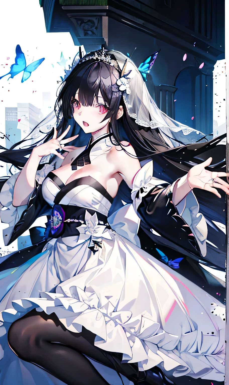 black Hair,erfly,long black hair,White Wedding Dress,8k wallpaper,Detailed background,highest resolution,Deep V,hair covering one eye,Strapless wedding dress,Chis,White Rose,Tight,Japanese, make a cosplay