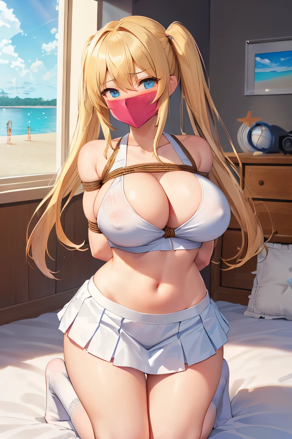 1 girls, (detailed light blue eyes, lange wimpern, detailed beautiful face:1.1), 4k quality, twintails, Haare Seiten nach oben, (Long blonde hair:1.4), (arms behind back:1.3), (big breasts:1.5), (blushing:1.5), long hair, hair between eyes, (white skirt, loose fit White crop top with a big cutout and bottom of the breasts visible, high White socks, top ist rolled Up so the bottom of the breasts are visible, skirt gets lifted Up, 18 years old:1.5), (bondage:1.3), erhobene Augenbrauen, pralle Brüste, OTN, White Gag, gagged, (knieend:1.5), (kneeling In a modern Apartment in a big bed, big window in the background with a beach:1.6), ängstlicher Gesichtsausdruck, looking at the Viewer, Viewer very Close to her breasts