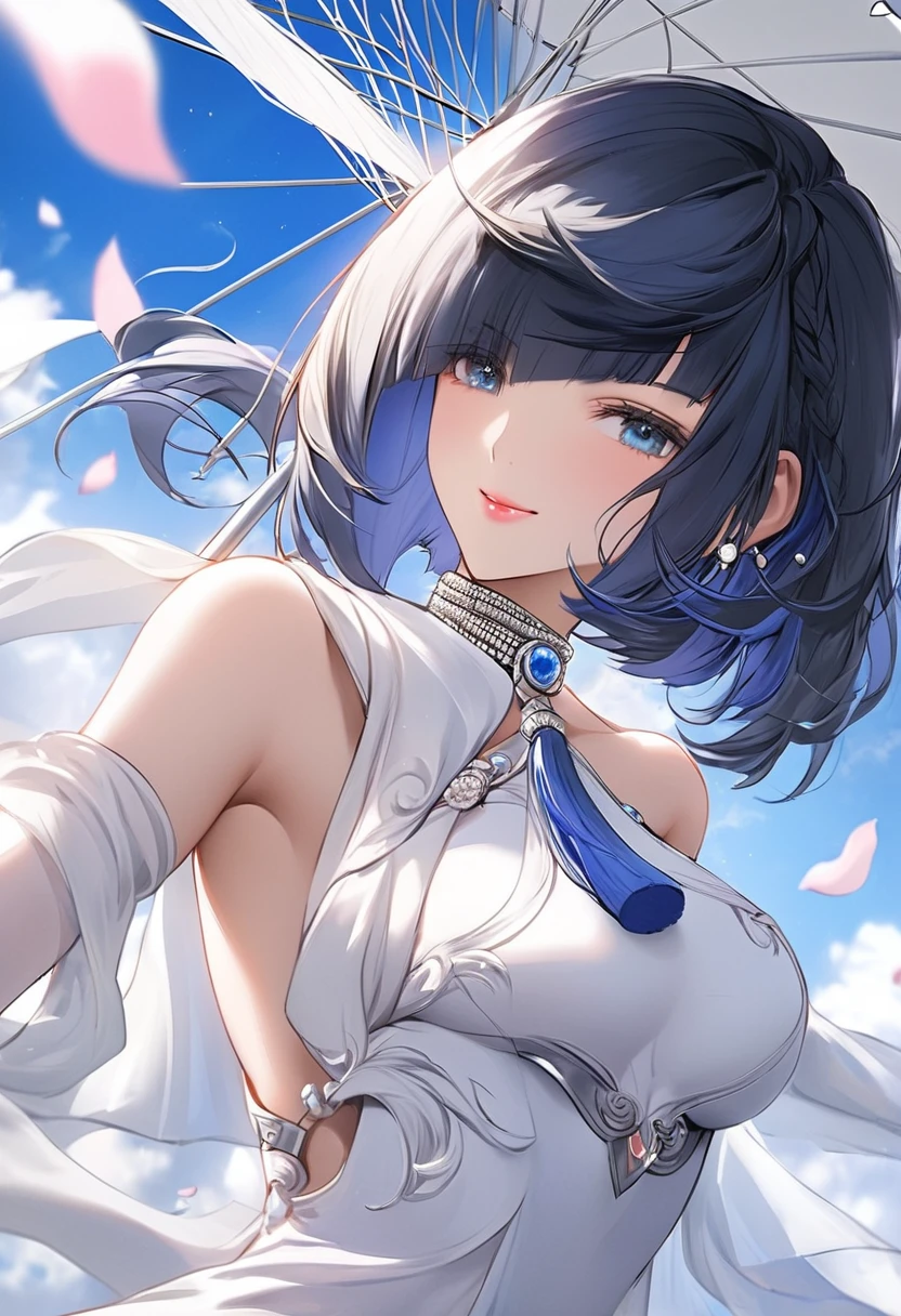 （Genshin Yelan）（(masterpiece)）,（ (best quality）),（ (Super detailed）),(Hair is slightly messy), (1 Girl),Royal sister，Good figure si， (Background of flying petals),（Blue sky and white clouds）Beautiful and delicate eyes, Delicate and beautiful face(High Saturation)(,(shining), （focus on face）, Bangs, (shining), Optimal lighting, Pure white long wedding dress，Wearing long white gloves，Holding a white umbrella，Turn around and smile。