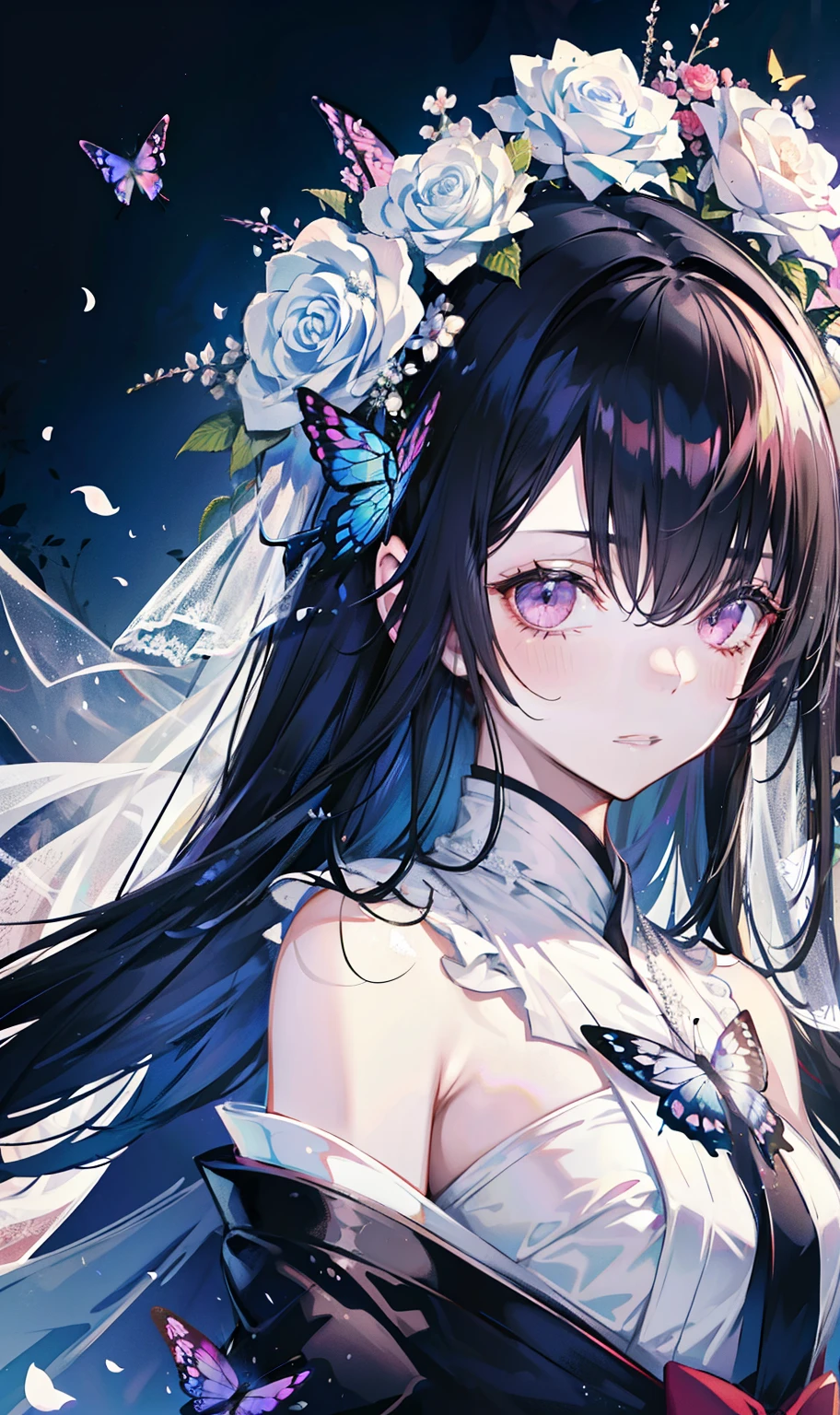 black Hair,Butterfly,long black hair,White Wedding Dress,8k wallpaper,Detailed background,highest resolution,Deep V,hair covering one eye,Strapless wedding dress,Chis,White Rose,Tight,Japanese, make a cosplay