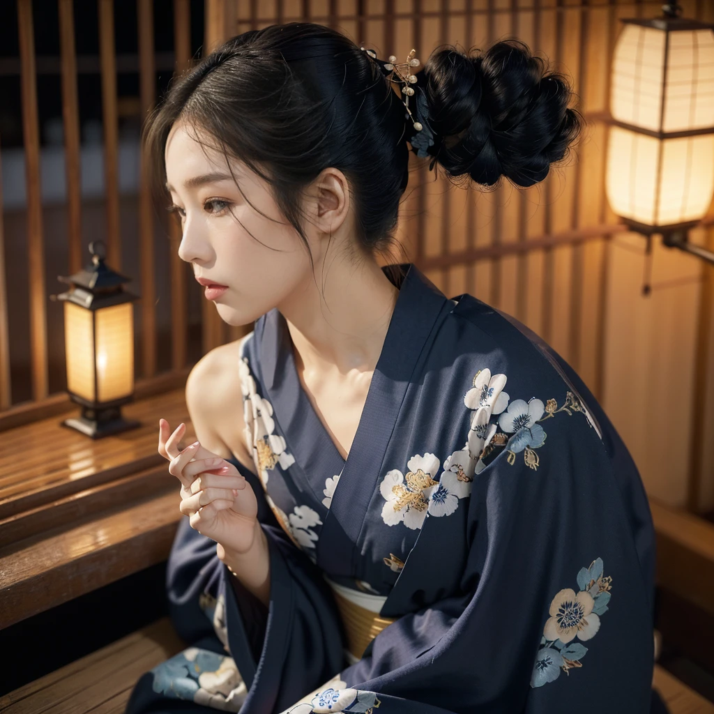 (((best quality))),(((ultra detailed))),(((masterpiece))),illustration,((1 beautiful Japanese girl,solo)),((slim,thin)),((small breasts,flat chest)),serene,melancholic,(rainy:1.3),(night scene:1.3),(in izakaya:1.3),(bun hair:1.2),(traditional Navy blue floral kimono:1.3),cozy atmosphere,sipping drink,ethereal appearance,delicate features,expressive eyes,contemplation,numbs loneliness,intricate kimono patterns,billowing kimono,traditional beauty,graceful sitting pose,sliding doors,rainy alley,soft glow lanterns,warm ambiance,cigarette vapor,atmospheric haze,introspection,isolation,beauty in solitude,complex emotions,quiet moments,Drinking Alone,narrative,loneliness,yearning,inner peace,((from front,upper body))