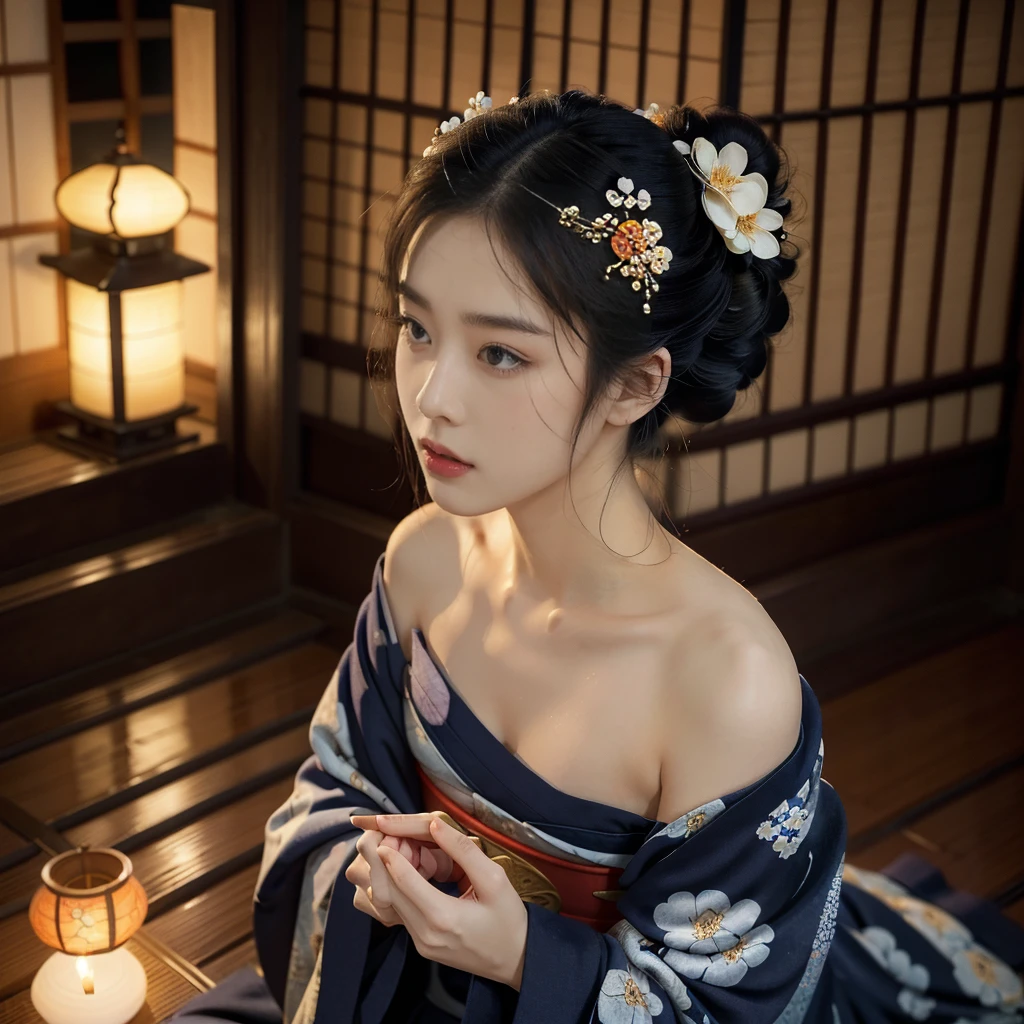 (((best quality))),(((ultra detailed))),(((masterpiece))),illustration,((1 beautiful Japanese girl,solo)),((slim,thin)),((small breasts,flat chest)),serene,melancholic,(rainy:1.3),(night scene:1.3),(in izakaya:1.3),(bun hair:1.2),(traditional Navy blue floral kimono:1.3),cozy atmosphere,sipping drink,ethereal appearance,delicate features,expressive eyes,contemplation,numbs loneliness,intricate kimono patterns,billowing kimono,traditional beauty,graceful sitting pose,sliding doors,rainy alley,soft glow lanterns,warm ambiance,cigarette vapor,atmospheric haze,introspection,isolation,beauty in solitude,complex emotions,quiet moments,Drinking Alone,narrative,loneliness,yearning,inner peace,((from front,upper body))