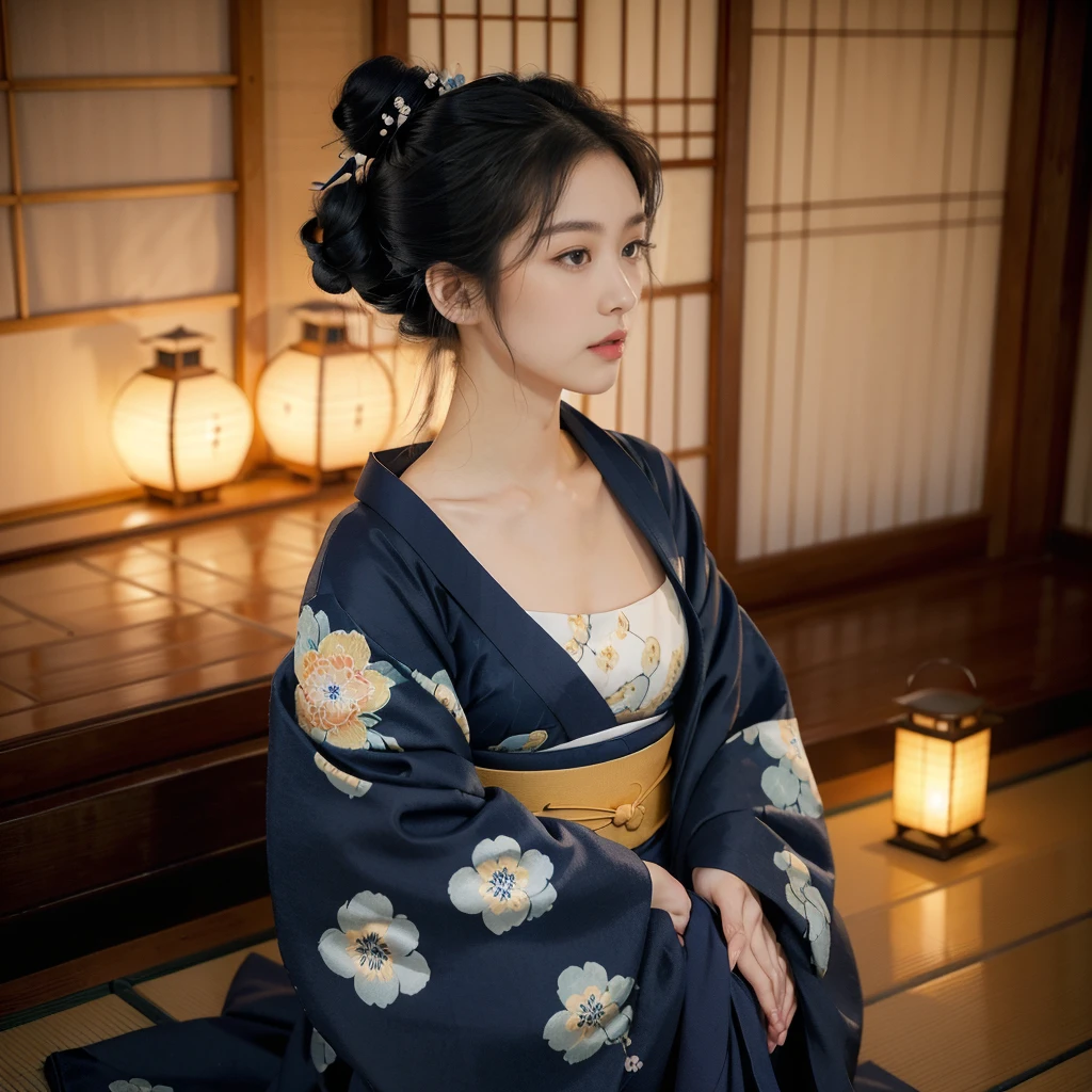 (((best quality))),(((ultra detailed))),(((masterpiece))),illustration,((1 beautiful Japanese girl,solo)),((slim,thin)),((small breasts,flat chest)),serene,melancholic,(rainy:1.3),(night scene:1.3),(in izakaya:1.3),(bun hair:1.2),(traditional Navy blue floral kimono:1.3),cozy atmosphere,sipping drink,ethereal appearance,delicate features,expressive eyes,contemplation,numbs loneliness,intricate kimono patterns,billowing kimono,traditional beauty,graceful sitting pose,sliding doors,rainy alley,soft glow lanterns,warm ambiance,cigarette vapor,atmospheric haze,introspection,isolation,beauty in solitude,complex emotions,quiet moments,Drinking Alone,narrative,loneliness,yearning,inner peace,((from front,upper body))