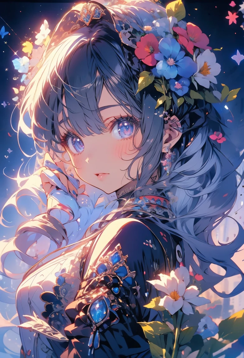 (Mastepiece)、(Best Quality)、Highly detailed face、Anime Girl、1 girl、blue eyes、Long Hair、smile、butterfly々、Fantasy、Lots of flowers