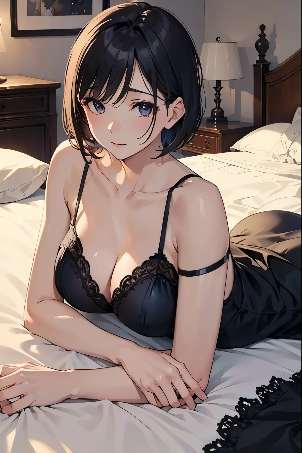 negligee、Bedroom、Beautiful mature woman、Innocent expression、Upper Body、Lying down、Short Hair