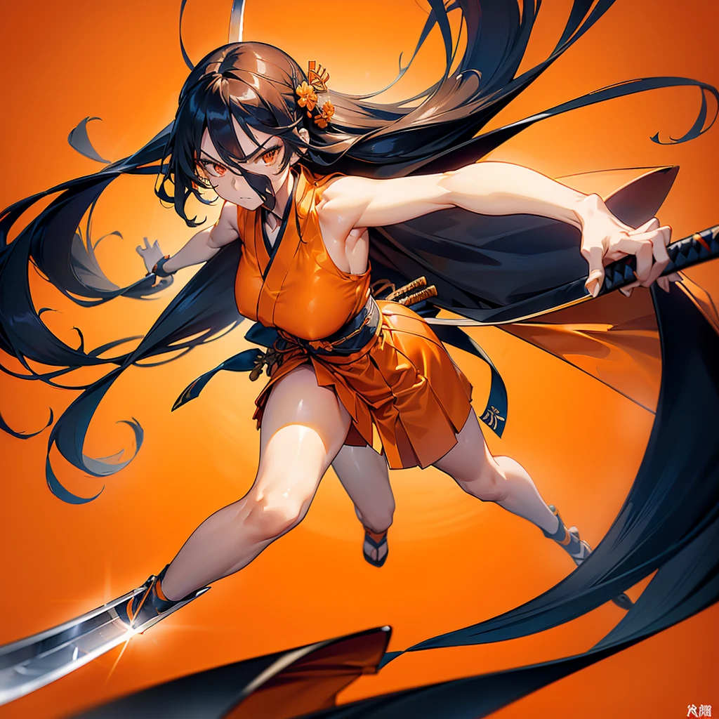 moving composition、((Perspective Lens, Woman with long hair,  Dynamic poses with serious and mean expressions, Swinging something large with both hands, Long Japanese sword )) ((Pure Orange Background:1.2)),Anime Style、Detailed eyes、Perfectly toned body、she&#39;Early 20s,Shooting on the move,sheの長い編み髪が揺れる. sheの衣装は蝶を思わせる,Black and yellow color palette,Playful.,Neon color line fractal art、