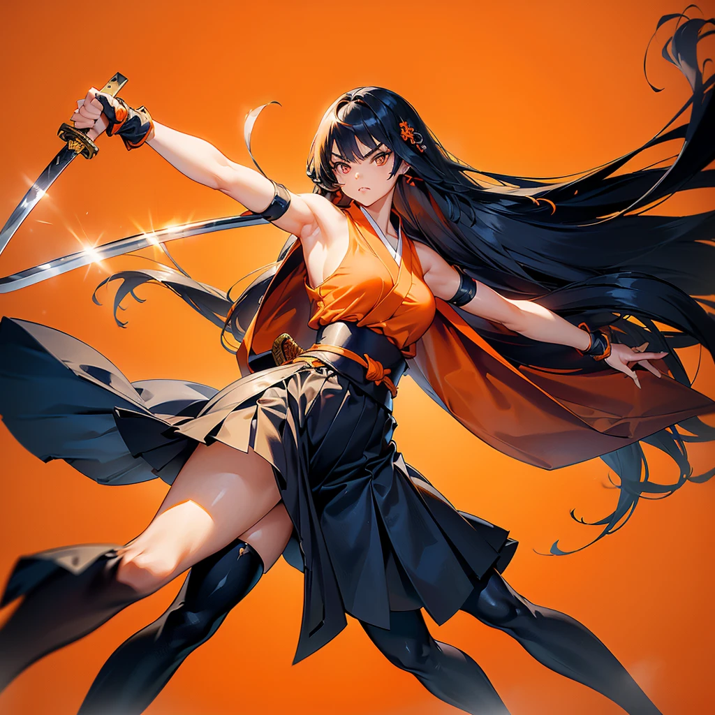 Dynamic configuration、((Perspective Lens, Woman with long hair,  Dynamic poses with serious and mean expressions, Swinging something large with both hands, Long Japanese sword )) ((Pure Orange Background:1.2)),Anime Style、Detailed eyes、Perfectly toned body、she&#39;Early 20s,Shooting on the move,Her long braided hair sways. Her outfit is reminiscent of a butterfly,Black and yellow color palette,Playful.,Neon color line fractal art、