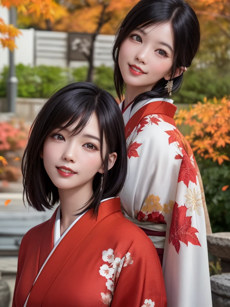 (Highest quality、8k、32K、masterpiece)、(Realistic)、(Realistic:1.2)、(High resolution)、Very detailed、Very beautiful face and eyes、(((Female solo shot)))、Frame In、Tight waist、(Highest quality、Attention to detail、Rich skin detail)、(Highest quality、8k、Oil paints:1.2)、(Realistic、Realistic:1.37)、Bright colors、(((Bust Shot)))、(((Medium Hair)))、(((smile)))、(((Black Hair)))、(((Red kimono)))、(((White and red kimono)))、(((Japanese garden)))、(((Autumn scenery)))、(((The appearance of a Japanese woman)))、