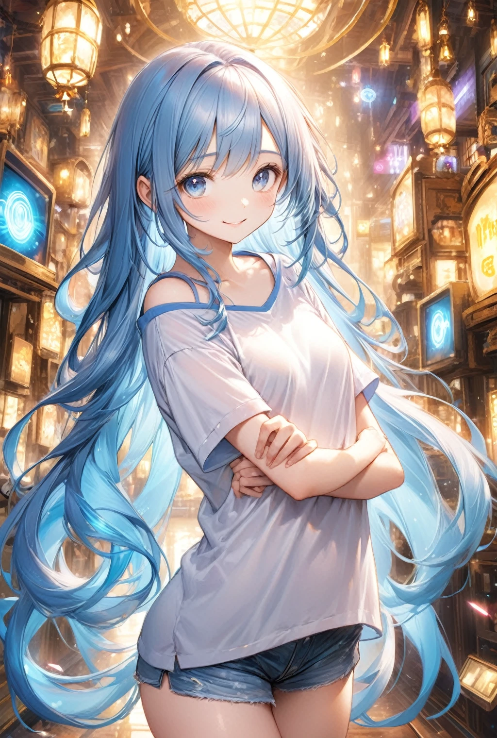 (Highest quality, 8k, 32K, masterpiece, Ultra-high resolution,:1.2),born, One girl,Super cute , Natural light,Clear, shining eyes, 20-year-old ,Fair skin, Girl with blue hair, Wearing an open-necked T-shirt, Sexy pose, An innocent smile, A fantasy background reminiscent of an electronic world, Long Hair, Long Hair