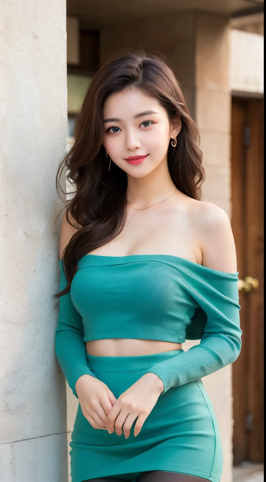 ulzzang-6500-v1.1, (RAW Photos:1.2), (Photorealistic), (Genuine:1.4), 1With a girl、Very cute girl、16 years old、Race_Queen、Charming smile、Ocean Blue Eyes(Eye details), A shy smile、Various off-shoulder tube top and mini skirt sets:1.3)、High heels, (Ultra-realistic pantyhose:1.3), Curly Hair、Realistic skin texture、Shiny skin、Bare thighs!!! , Makeup、eye shadow、