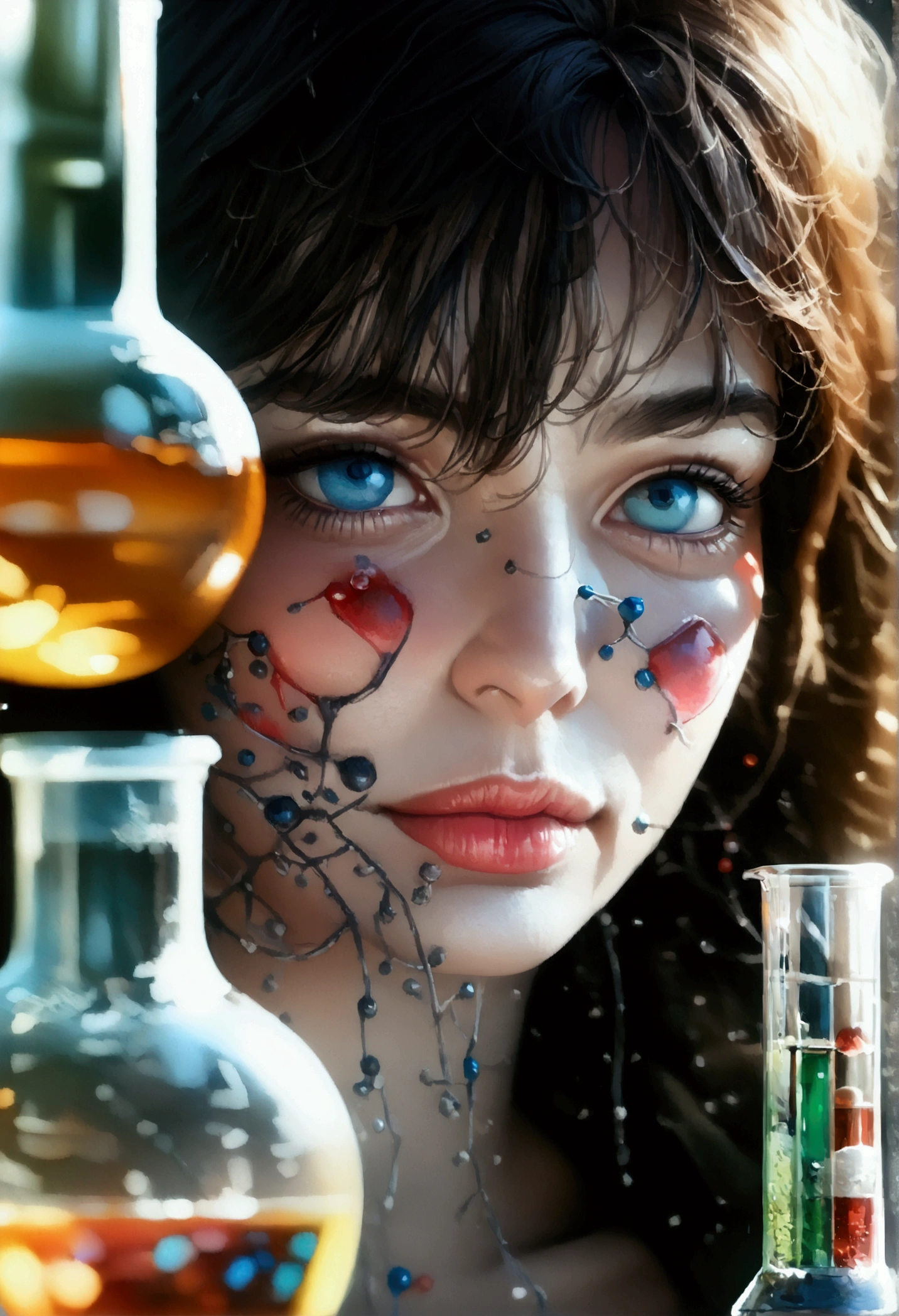 (best quality,4k,8k,highres,masterpiece:1.2),ultra-detailed,(realistic,photorealistic,photo-realistic:1.37),1woman,beautiful detailed eyes,beautiful detailed lips,extremely detailed eyes and face,longeyelashes,nude female figure,chemistry,scientific glassware,test tubes,beakers,chemical reactions,dramatic lighting,moody atmosphere,cinematic composition,muted color palette