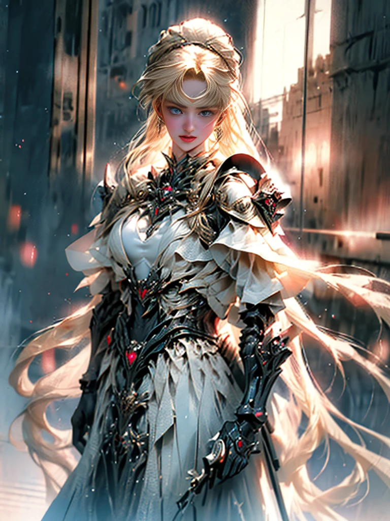 8K  UHD，RAW photo，A woman wearing black armor is fully armored：1.1，Handsome girl，long whitr hair，blonde with blue eyes，The face is delicate，Delicate skin，Full breasts，Crystal clear lips，Slender legs，(Real Human:1.3)，(A high resolution:1.4)，(A detailed:1.5)，(photorealestic:1.7)，RAW photo，Portrait Photogram，Real Human，RAW photo，超A high resolution，Foto realism，best qualtiy，(highdetailskin，skin detailed)，Visible Pore，Shiny skin，tmasterpiece，，finedetail，Colorization，Extremely Delicately Beautiful，Extremely detailed 8k wallpaper，8K high quality，Digital SLR，Girl with beautiful details，(looking at viewert)，professional photograph lighting，Faraway view，Standing posture