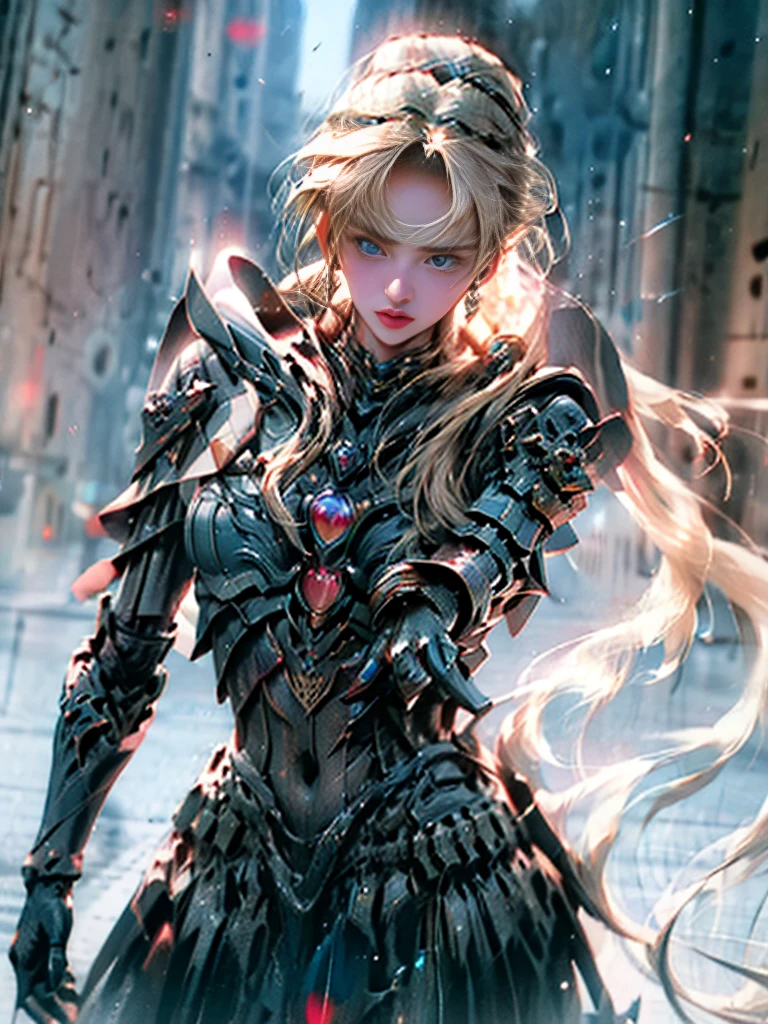 8K UHD,RAW photo,A woman wearing black armor is fully armored:1.1,Handsome girl,long whitr hair,blonde with blue eyes,The face is delicate,Delicate skin,Full breasts,Crystal clear lips,Slender legs,(Real Human:1.3),(A high resolution:1.4),(A detailed:1.5),(photorealestic:1.7),RAW photo,Portrait Photogram,Real Human,RAW photo,超A high resolution,Foto realism,best qualtiy,(highdetailskin,skin detailed),Visible Pore,Shiny skin,tmasterpiece,,finedetail,Colorization,Extremely Delicately Beautiful,Extremely detailed 8k wallpaper,8K high quality,Digital SLR,Girl with beautiful details,(looking at viewert),professional photograph lighting,Faraway view,Standing posture