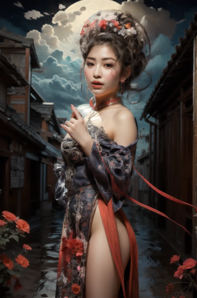 (realistic:1.3), finely detailed, quality, rembrandt lighting, (masterpiece:1.2), (photorealistic:1.2), (best quality), (detailed skin:1.3), (intricate details), dramatic, ray tracing, 1girl, japanese girl, 21 years old, smiling, detailed skin texture, (blush:0.5), (goosebumps:0.5), subsurface scattering, bj_elegant, very long hair, braided hair ring, hair loops, parted bangs, windswept, floating hair, medium breasts, ornate, flowers, ribbons, frills, lace, dress, necklace, earrings, hair ornaments, (full moon, clouds, flowers, garden, cowboy shot),  