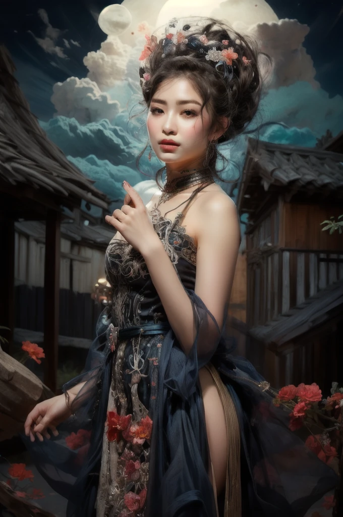 (realistic:1.3), finely detailed, quality, rembrandt lighting, (masterpiece:1.2), (photorealistic:1.2), (best quality), (detailed skin:1.3), (intricate details), dramatic, ray tracing, 1girl, japanese girl, 21 years old, smiling, detailed skin texture, (blush:0.5), (goosebumps:0.5), subsurface scattering, bj_elegant, very long hair, braided hair ring, hair loops, parted bangs, windswept, floating hair, medium breasts, ornate, flowers, ribbons, frills, lace, dress, necklace, earrings, hair ornaments, (full moon, clouds, flowers, garden, cowboy shot),