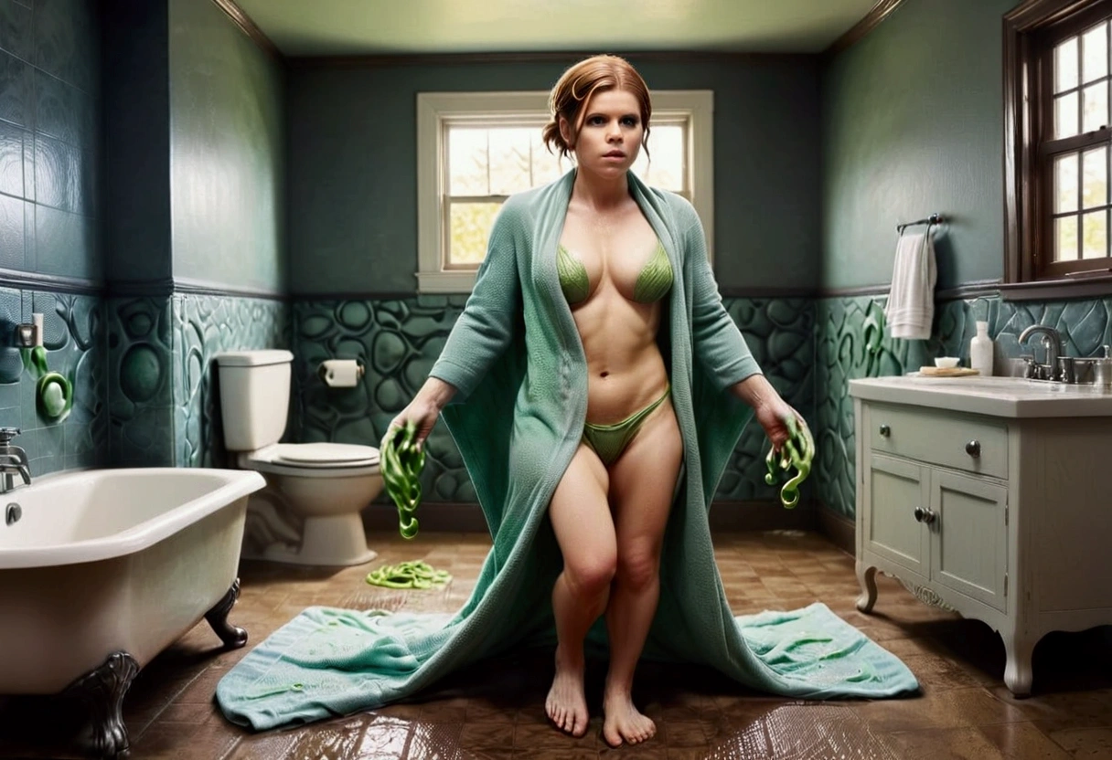 Kate Mara, age 25, dressed in a bath towel, is fleeing from her bathroom which is filling with translucent slime, movie monster C'Thulu and other eldritch tentacled beasts