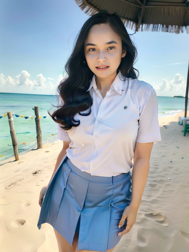 1girl, solo, (uniform), standing, at the beach, beautifully ocean scenery, detailed face, cute face, detailed eyes, thick breasts, smooth realistic skin, tight white shirt, tight blue grey miniskirt, looking at the audience, low angle shot,(8k, RAW photo, best quality, masterpiece: 1.2), (realistic, realistic: 1.37), ultra-high resolution