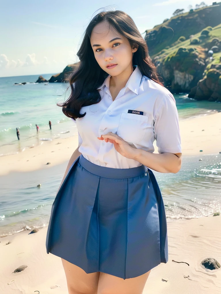 1girl, solo, (uniform), standing, at the beach,  beautifully ocean scenery, detailed clean face, cute face, detailed eyes, thick breasts, smooth realistic skin, tight white shirt, tight blue grey miniskirt, looking at the audience, low angle shot,(8k, RAW photo, best quality, masterpiece: 1.2), (realistic, realistic: 1.37), ultra-high resolution