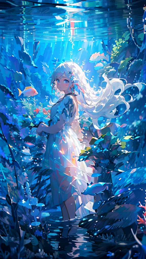 (Pianfei), (best quality), Very detailed, 1 girl, perfect face, (Full body photo of the individual:1.3), Very detailed顔，(long white hair:1.5)，(blue eyes:1.4)，(In the water:1.4)，(white dress:1.5)，ocean，coral reef，Small schools of fish，Light，bubble，jellyfish，ocean藻，(深ocean:1.4)，fantasy，ocean底，float，((panoramic)), (elegant work of art), best quality, high resolution, (Ultra-detailed), anatomically correct, ultra high definition, textured skin，Use pointillism to depict images, Carefully placed small dots of color create a cohesive and visually stunning whole.