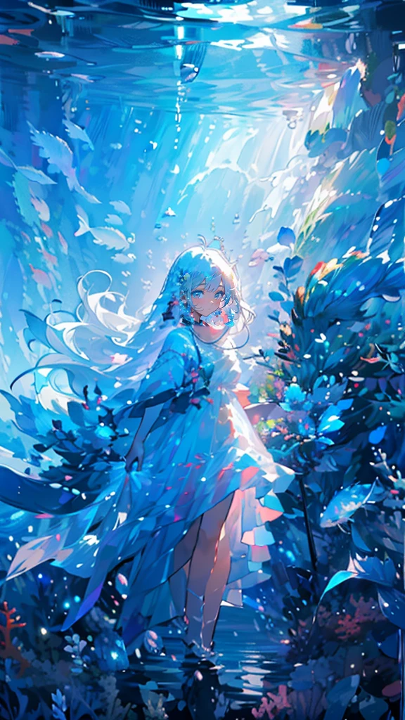(Pianfei), (best quality), Very detailed, 1 girl, perfect face, (Full body photo of the individual:1.3), Very detailed顔,(long white hair:1.5),(blue eyes:1.4),(In the water:1.4),(white dress:1.5),ocean,coral reef,Small schools of fish,Light,bubble,jellyfish,ocean藻,(深ocean:1.4),fantasy,ocean底,float,((panoramic)), (elegant work of art), best quality, high resolution, (Ultra-detailed), anatomically correct, ultra high definition, textured skin,Use pointillism to depict images, Carefully placed small dots of color create a cohesive and visually stunning whole.