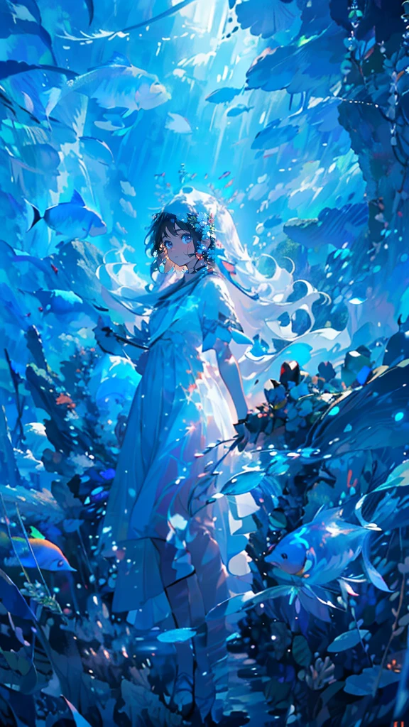 (Pianfei), (best quality), Very detailed, 1 girl, perfect face, (Full body photo of the individual:1.3), Very detailed顔，(long white hair:1.5)，(blue eyes:1.4)，(In the water:1.4)，(white dress:1.5)，ocean，coral reef，Small schools of fish，Light，bubble，jellyfish，ocean藻，(深ocean:1.4)，fantasy，ocean底，float，((panoramic)), (elegant work of art), best quality, high resolution, (Ultra-detailed), anatomically correct, ultra high definition, textured skin，Use pointillism to depict images, Carefully placed small dots of color create a cohesive and visually stunning whole.