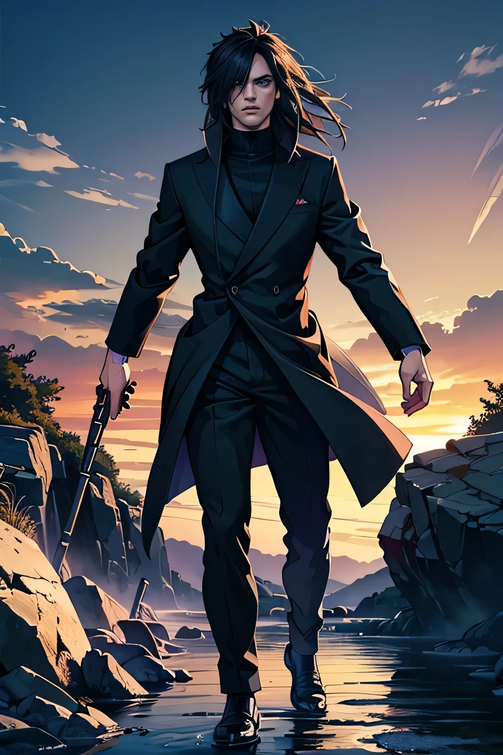 a man, a serious beautiful man with black hair and black eyes, wearing a suit, madara uchiha, full body (best quality,4k,8k,highres,masterpiece:1.2),ultra-detailed,(realistic,photorealistic,photo-realistic:1.37),hyperrealistic,extremely detailed face and eyes,detailed facial features,cinematic lighting,dramatic lighting,chiaroscuro,dramatic shadows,intense colors,vibrant colors, day moody color palette