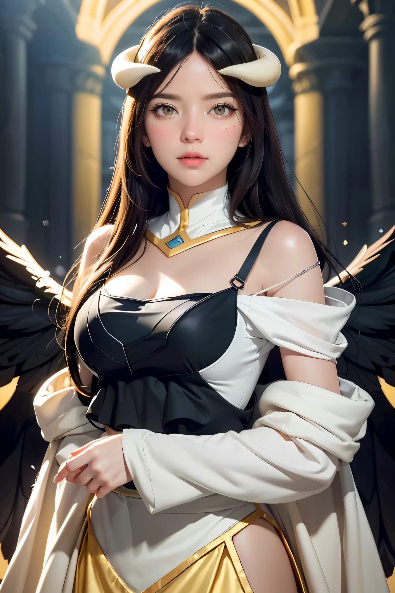 Masterpiece, Best quality, Ultra-detailed, illustration, epic lighting, Cinematic composition, isometry,(hexagons:1.2), 1girll, Horns, Solo, Yellow eyes, Black hair, Long hair, (Low wing:1.2), Large cleavage, Bare shoulders, hair between eye, Medium breasts, (White dress:1.1), Golden decoration, Detached collar, view the viewer, Semi-closed Eyes, (view the viewer:1.1), parted lip, Blush, Black feathers fall, Arena, particle fx, (8K:1.1)