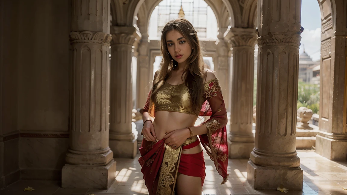 An young 22 year old russian blonde in a vibrant red saree standing gracefully in a Hindu temple, adorned with intricate gold jewelry and jasmine flowers in her hair, sunlight filtering through ancient stone pillars, capturing her serene expression and gentle hand gesture, Photography ,blond_hair, straight hair