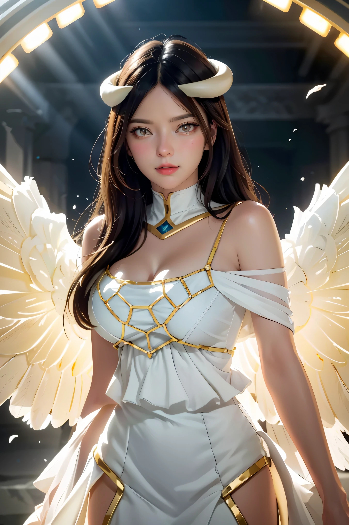 Masterpiece, Best quality, Ultra-detailed, illustration, epic lighting, Cinematic composition, isometry,(hexagons:1.2), 1girll, Horns, Solo, Yellow eyes, Black hair, Long hair, (Low wing:1.2), Large cleavage, Bare shoulders, hair between eye, Medium breasts, (White dress:1.1), Golden decoration, Detached collar, view the viewer, Semi-closed Eyes, (view the viewer:1.1), parted lip, Blush, Black feathers fall, Arena, particle fx, (8K:1.1)