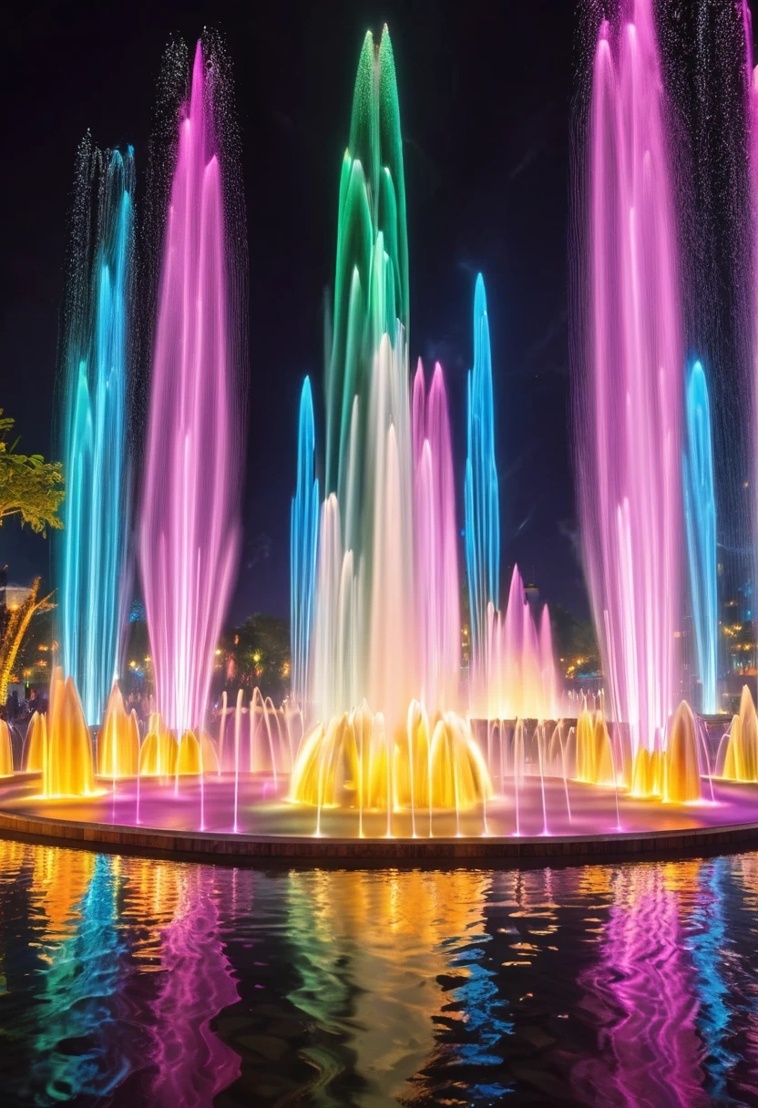 Dancing water columns of a musical fountain、Various combinations of light and water column々Create a unique pattern,Create a colorful scene,Detailed fantasy digital art,Highly detailed digital art in 4K,fantasy art action,Nice、money、High-quality images