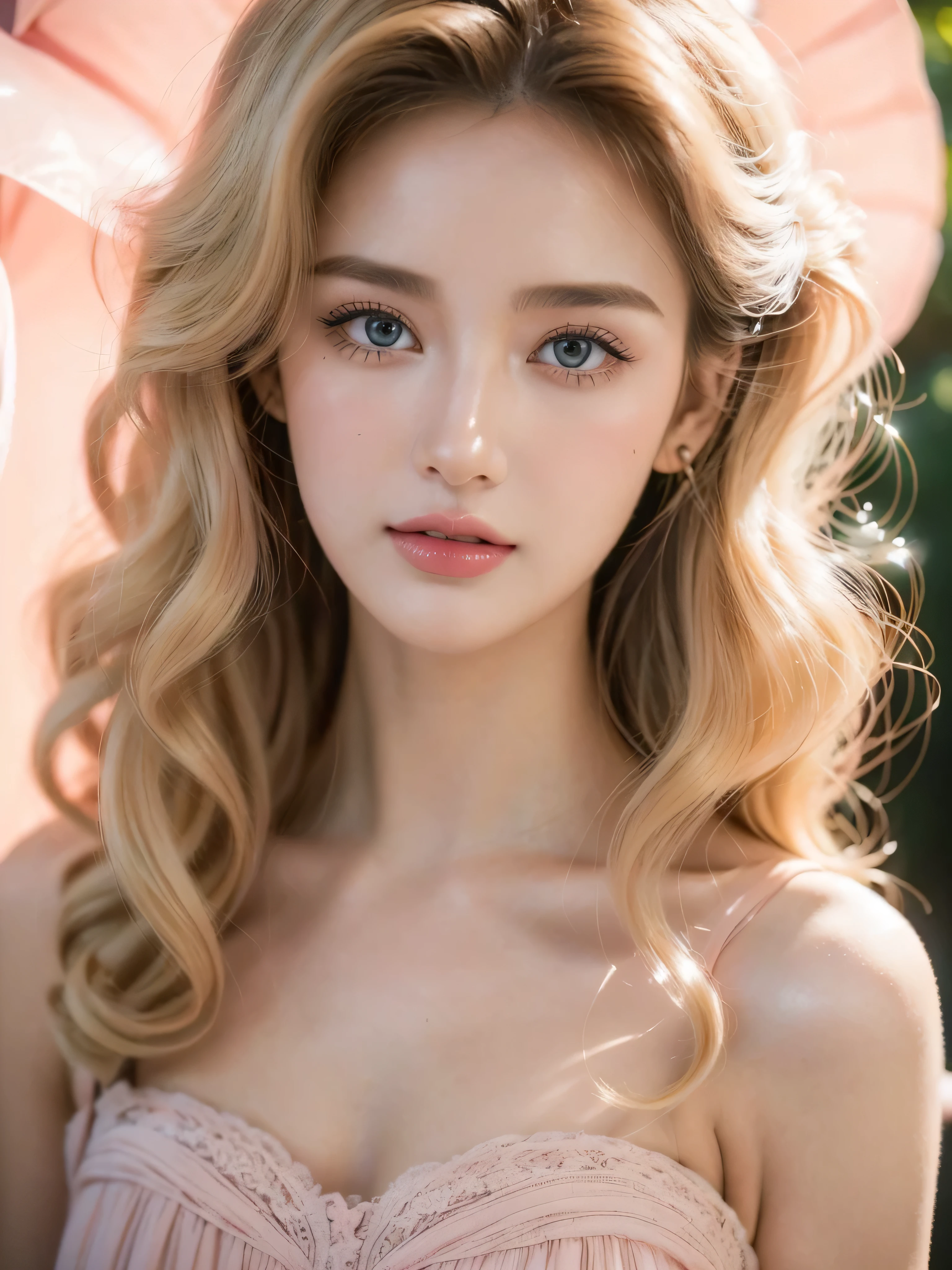 (close up of a beautiful 26 year old girl in a light pink vintage dress), movie stock photos, camera f1. 6, saturated colors, Vibrant, lifelike textures, Impressive classic lighting, Modern style, sexy full body photo, Evening, Curly hair has just been dyed light blonde