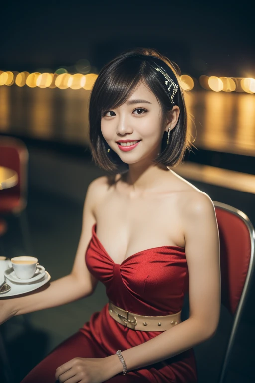 (((Top quality, 8K, Masterpiece: 1.3)), Beautiful girl, Pure, Melon face, feminine and cute, kind smile, Pure desire, Slender body, (Front), (Tilted head), ((Looking at camera) ), wearing an elegant red dress, black silky short bob hair, long flowing shoulders, round black big eyes, clear big eyes, moist red lips, sweet, sitting on a chair, cafe terrace background ,(((waist shot))),SFW, night Bokeh, Hair accessories, high_angle_shot)