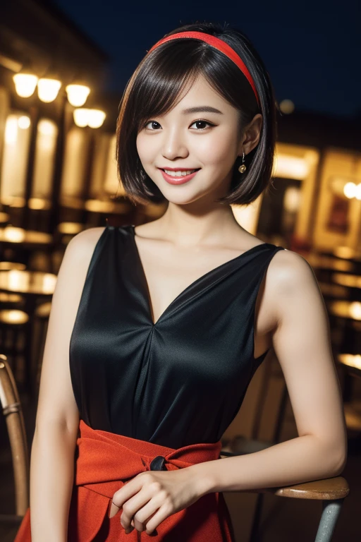 (((Top quality, 8K, Masterpiece: 1.3)), Beautiful girl, Pure, Melon face, feminine and cute, kind smile, Pure desire, Slender body, (Front), (Tilted head), ((Looking at camera) ), wearing an elegant red dress, black silky short bob hair, long flowing shoulders, round black big eyes, clear big eyes, moist red lips, sweet, sitting on a chair, cafe terrace background ,(((waist shot))),SFW, night Bokeh, Hair accessories, high_angle_shot)