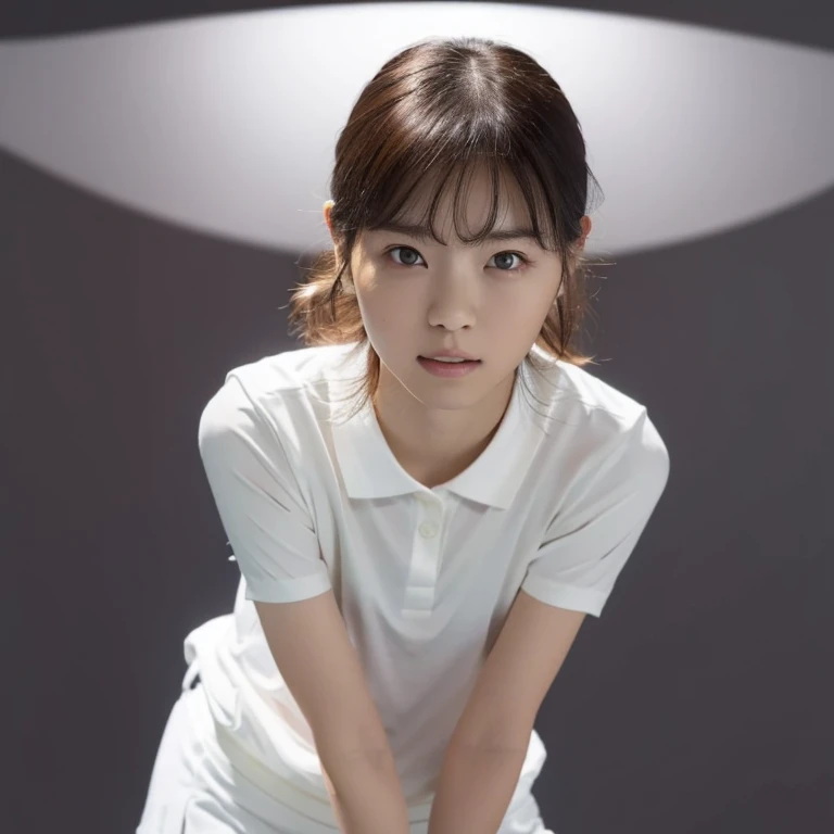 8k, High resolution, Anatomically correct, Attention to detail, On bed, Japanese women, ((Wearing tennis wear, White short-sleeved polo shirt with collar, White tennis Skirt)), (short wave hairstyle), (Show off your beautiful thighs), Beautiful Face,clear, ((Beautiful Eyes, Inviting eyes, Kind eyes)), Realistic depiction, photograph, Exquisite, clear, Textured skin, clear skin, Small face, Small Mouth, Natural Makeup, Seduce, Embarrassing, (upturned eyes:1.1), arms behind back, spread legs,