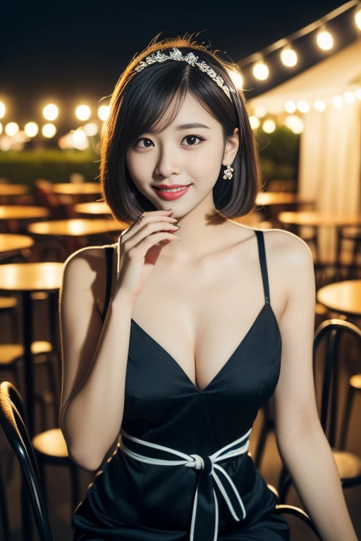 (((Top quality, 8K, Masterpiece: 1.3)), Beautiful girl, Pure, Melon face, feminine and cute, kind smile, Pure desire, Slender body, (Front), (Tilted head), ((Looking at camera) ), wearing an elegant red dress, black silky short bob hair, long flowing shoulders, round black big eyes, clear big eyes, moist red lips, sweet, sitting on a chair, cafe terrace background ,(((waist shot))),SFW, night Bokeh, Hair accessories, high_angle_shot)